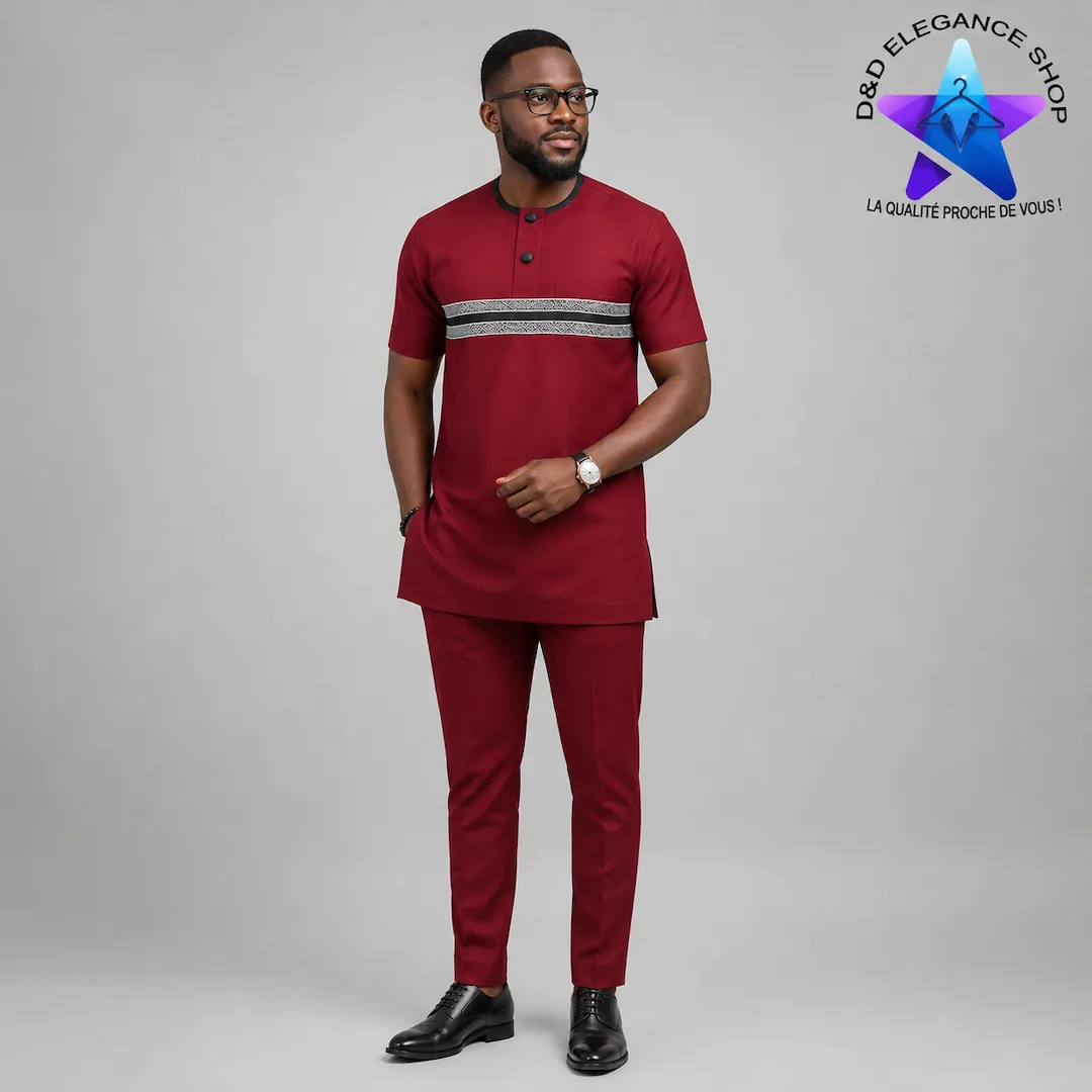ENSEMBLE TUNIQUE 2 PIECES HOMME COTE D'IVOIRE  007 (LONGUE, XL, ROUGE)
