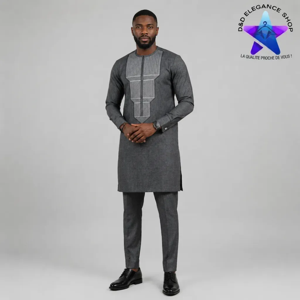 ENSEMBLE TUNIQUE 2 PIECES HOMME COTE D'IVOIRE  019 (LONGUE, XL, CENDRE)
