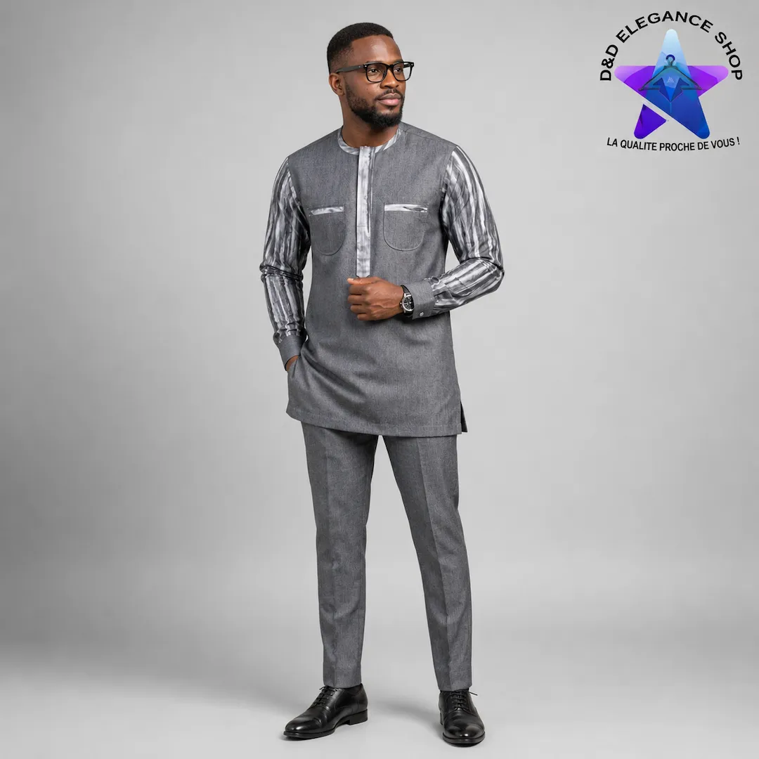 ENSEMBLE TUNIQUE 2 PIECES HOMME COTE D'IVOIRE  038 (LONGUE, XL, CENDRE)