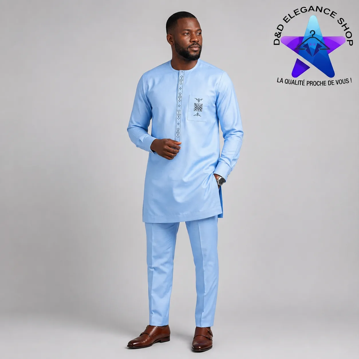 ENSEMBLE TUNIQUE  2 PIECES ORDINATEUR MALI 001 (XL, BLEU-CIEL)