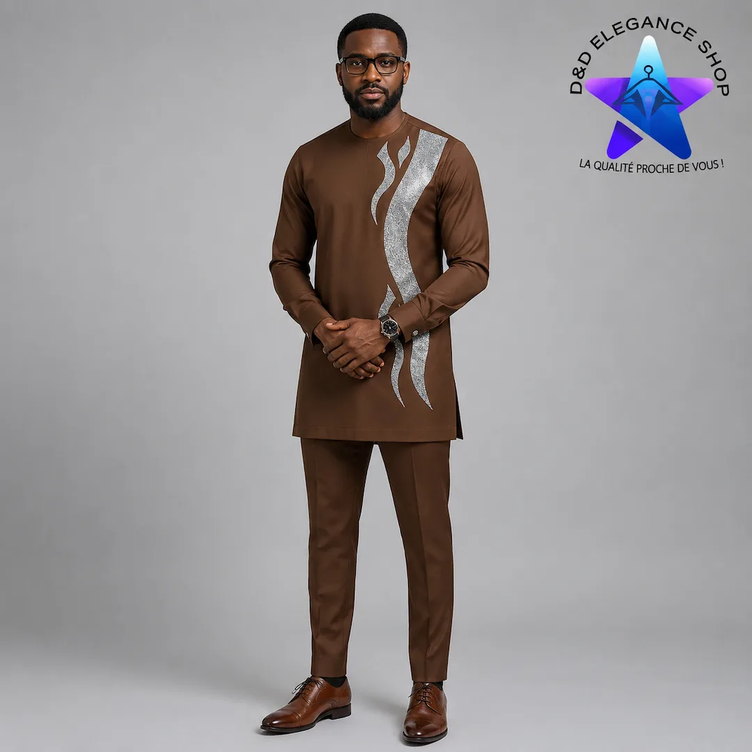 ENSEMBLE TUNIQUE 2 PIECES HOMME COTE D'IVOIRE  018 (LONGUE, XL, MARRON)